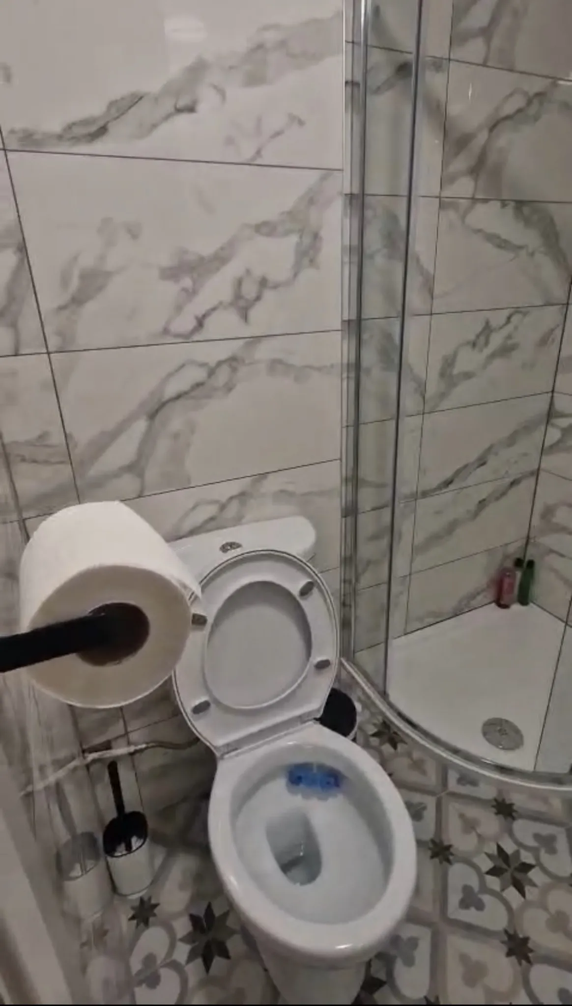 Bathroom showing a toilet with open seat, wall-mounted toilet paper roll, glass shower enclosure and tiled walls and floor.