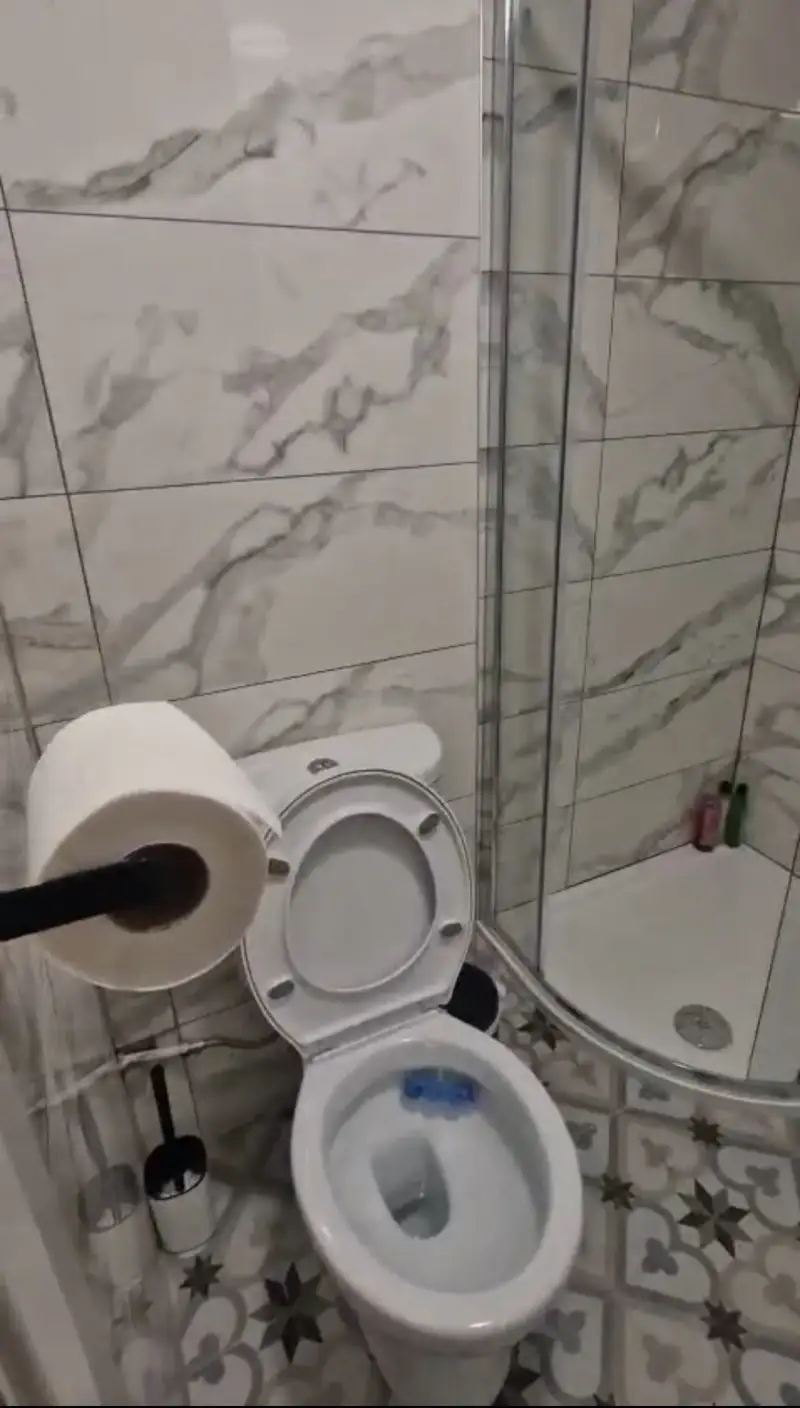 Bathroom showing a toilet with open seat, wall-mounted toilet paper roll, glass shower enclosure and tiled walls and floor.