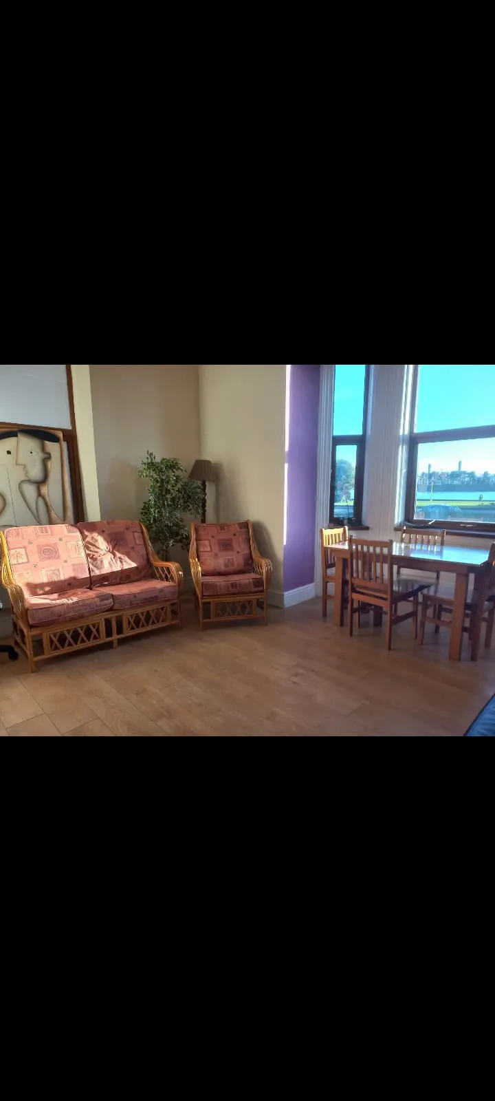 Living room with a wicker two-seater sofa and matching armchair, wooden dining table with chairs by large windows, indoor plant and floor lamp.