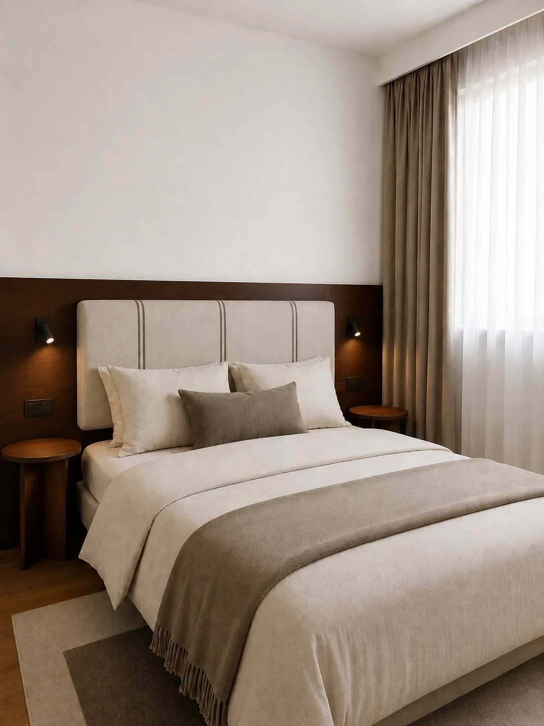 Bedroom with a double bed, upholstered headboard, two bedside tables, wall sconces, and a curtained window