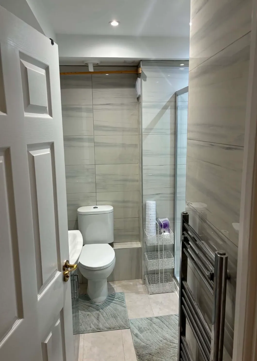 Bathroom with a toilet, glass-enclosed shower, wall-mounted towel radiator, and storage baskets next to the shower.