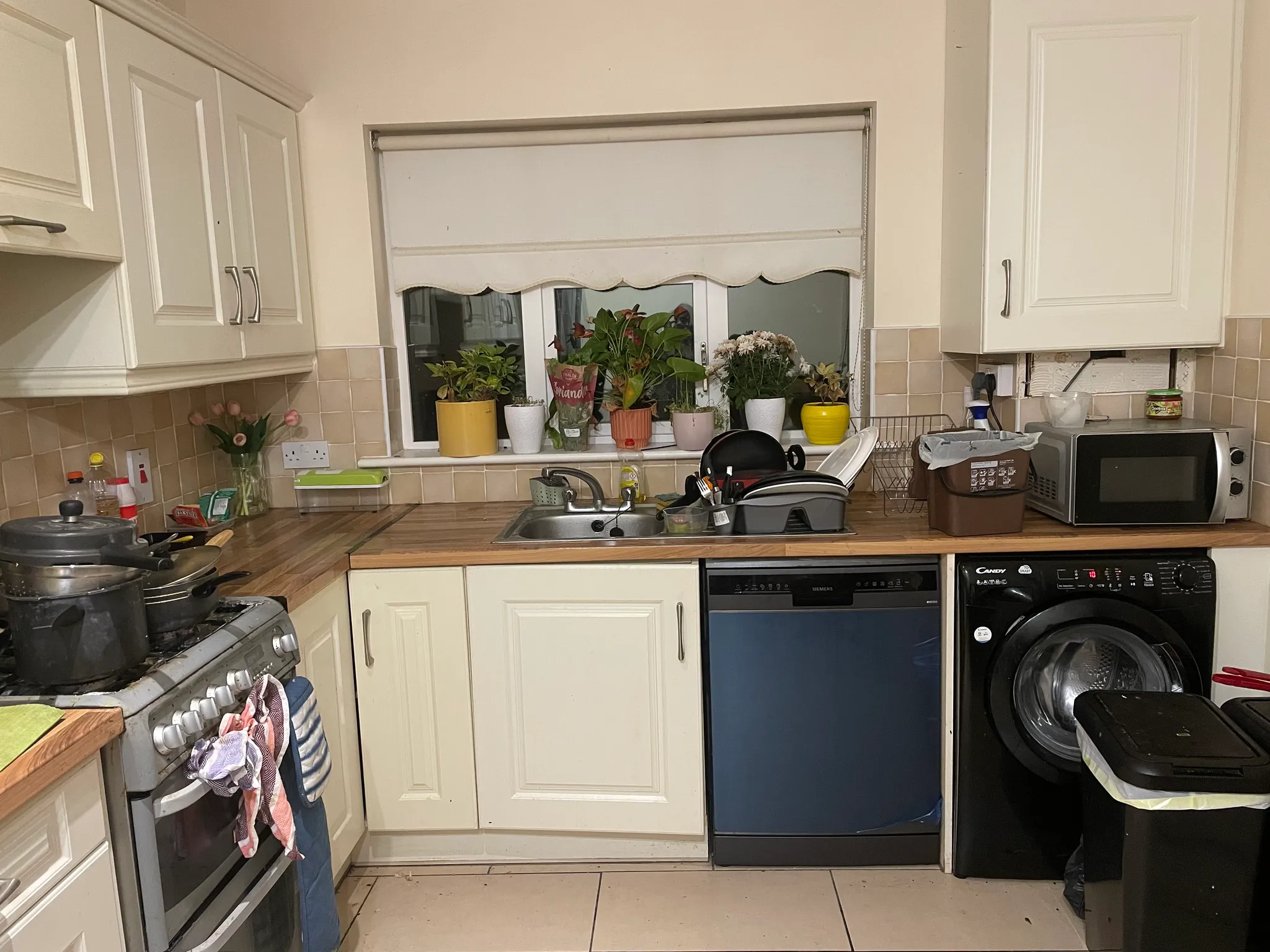 Kitchen with a sink and countertop below a window with potted plants, cabinets, stove, dishwasher and washing machine visible