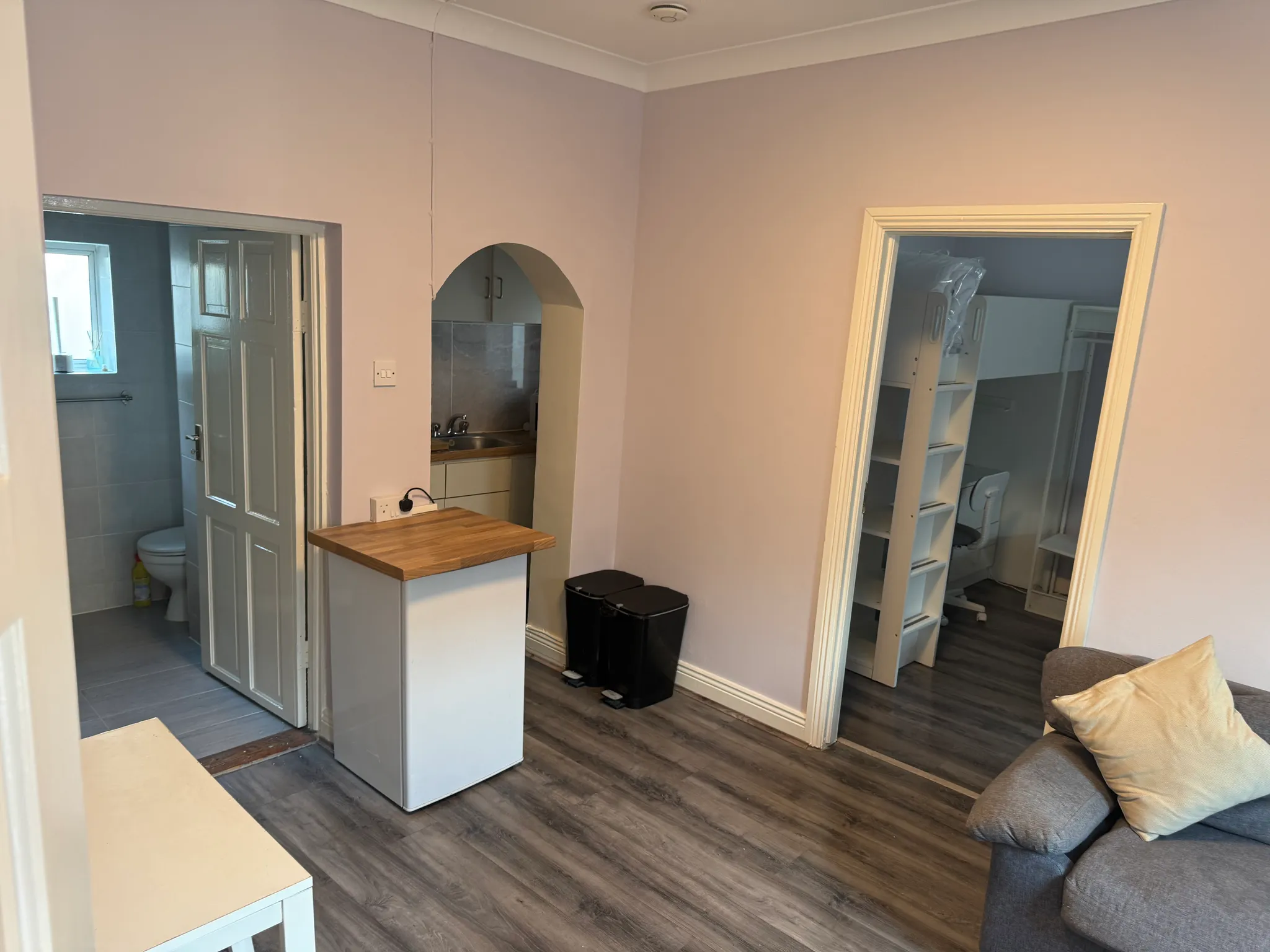 Open-plan living area showing a small wooden counter, two black trash bins, an arched passthrough to a kitchenette, a doorway to a bathroom, and part of a gray sofa with a cushion.