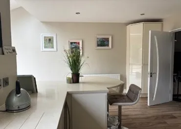 Kitchen area with a countertop, electric kettle, bar stool, potted plant on the counter, three framed pictures on the wall, a tall cupboard, and an open door.