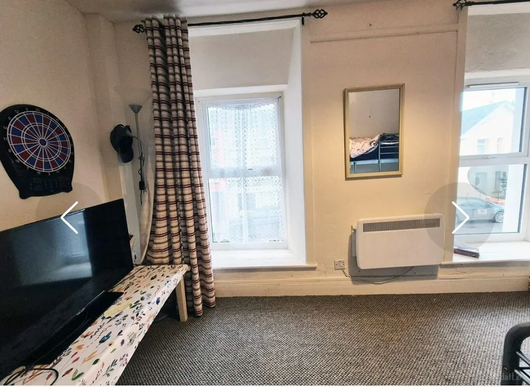 Living room area with a wall-mounted dartboard, flat-screen TV on a low table, two windows with curtains, wall mirror, and a wall-mounted heater.