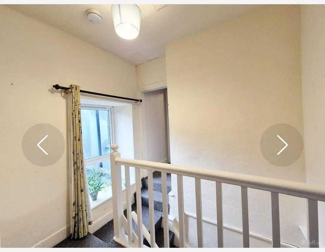 Upper hallway with a white wooden banister, carpeted stairs, a window with a curtain and a small potted plant on the sill, a closed doorway, ceiling light and smoke detector.