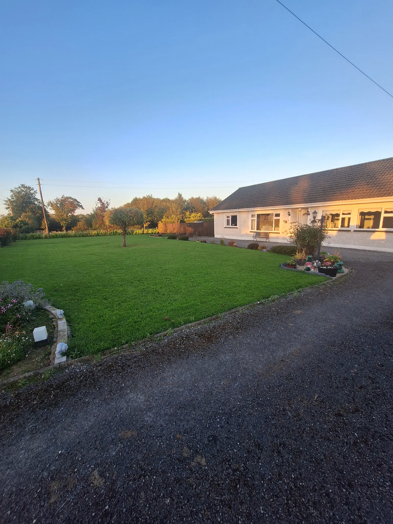 Exterior view of a single-story house with a large front lawn, small trees, driveway and garden planters at sunset