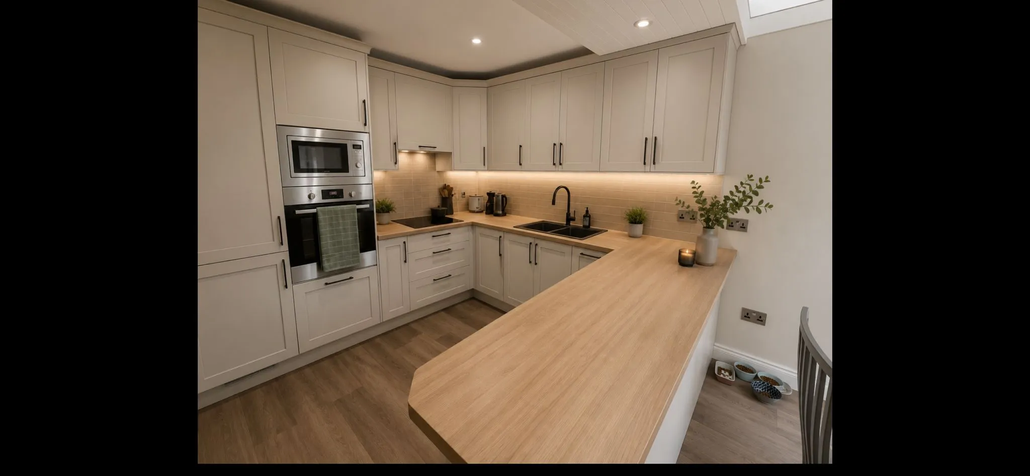 Kitchen with L-shaped wooden countertop and bar, built-in oven and microwave, sink with black faucet, upper cabinets, under-cabinet lighting and small appliances on the counter.
