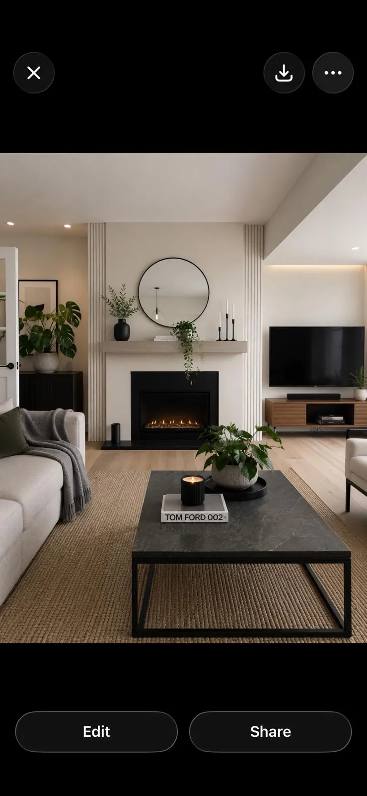 Living room with a fireplace, round mirror above the mantel, wall-mounted TV, coffee table with plant and candle, and sofas on either side.