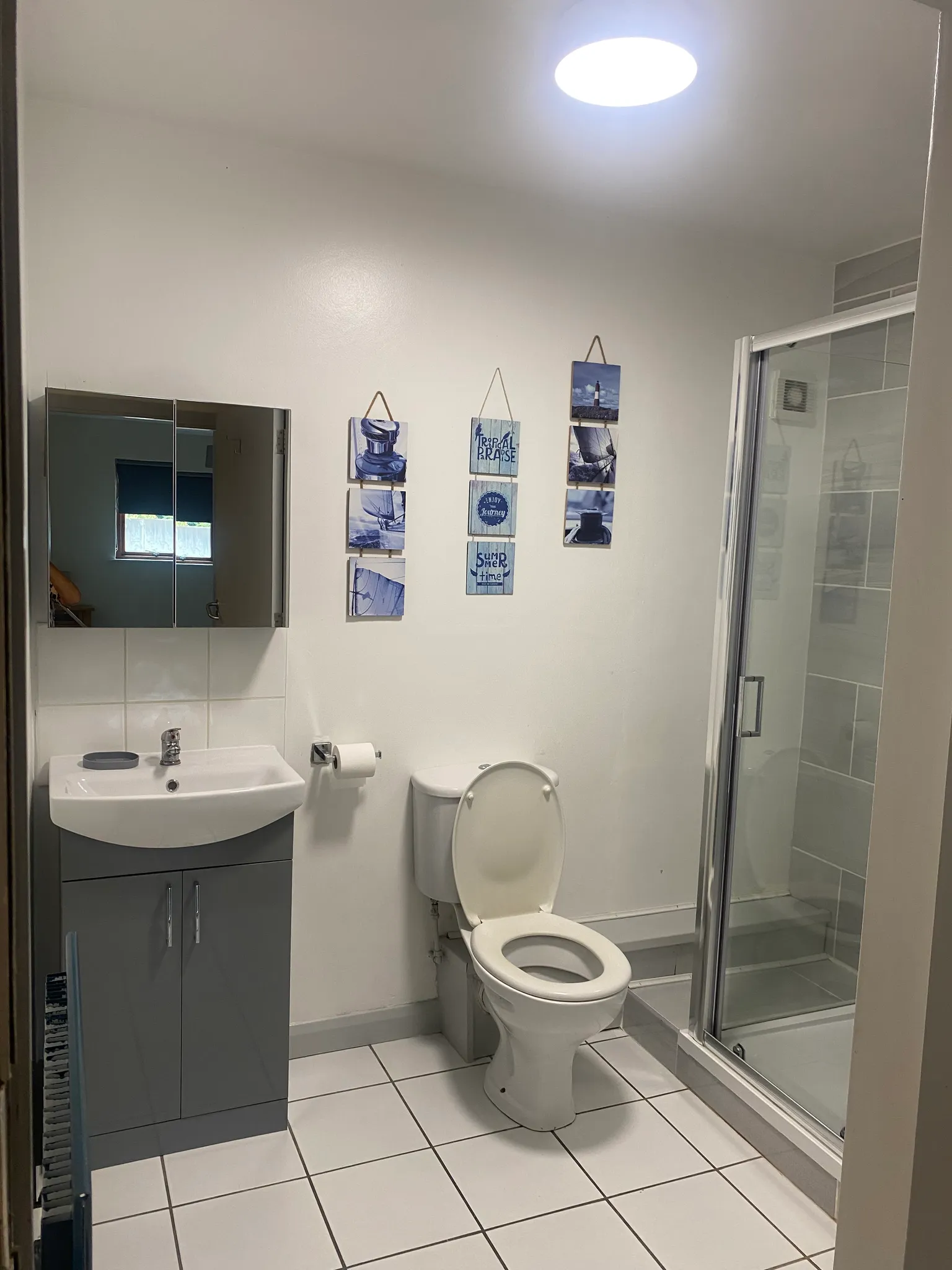 Bathroom with a toilet, sink and mirrored cabinet on the left, tiled floor and a glass-enclosed shower on the right; small decorative wall panels above the toilet.