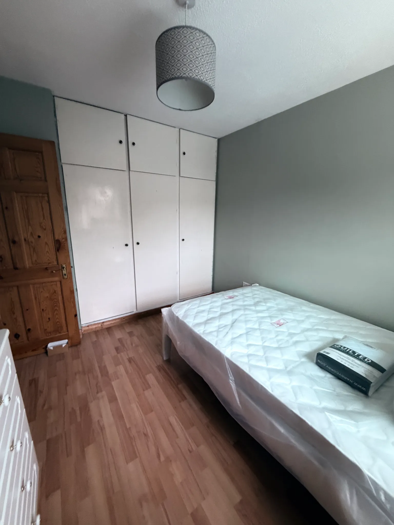 Bedroom with a single bed mattress, built-in white wardrobes, wooden door, pendant ceiling light and laminate floor.